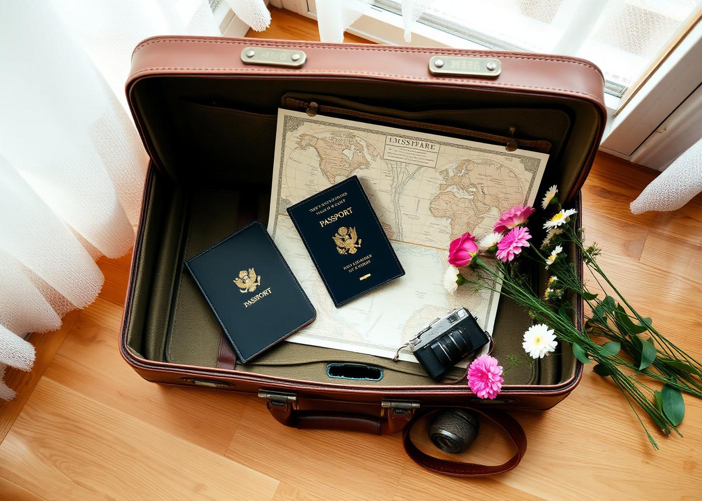 An open vintage travel case on a sunlit desk with a passport and map.