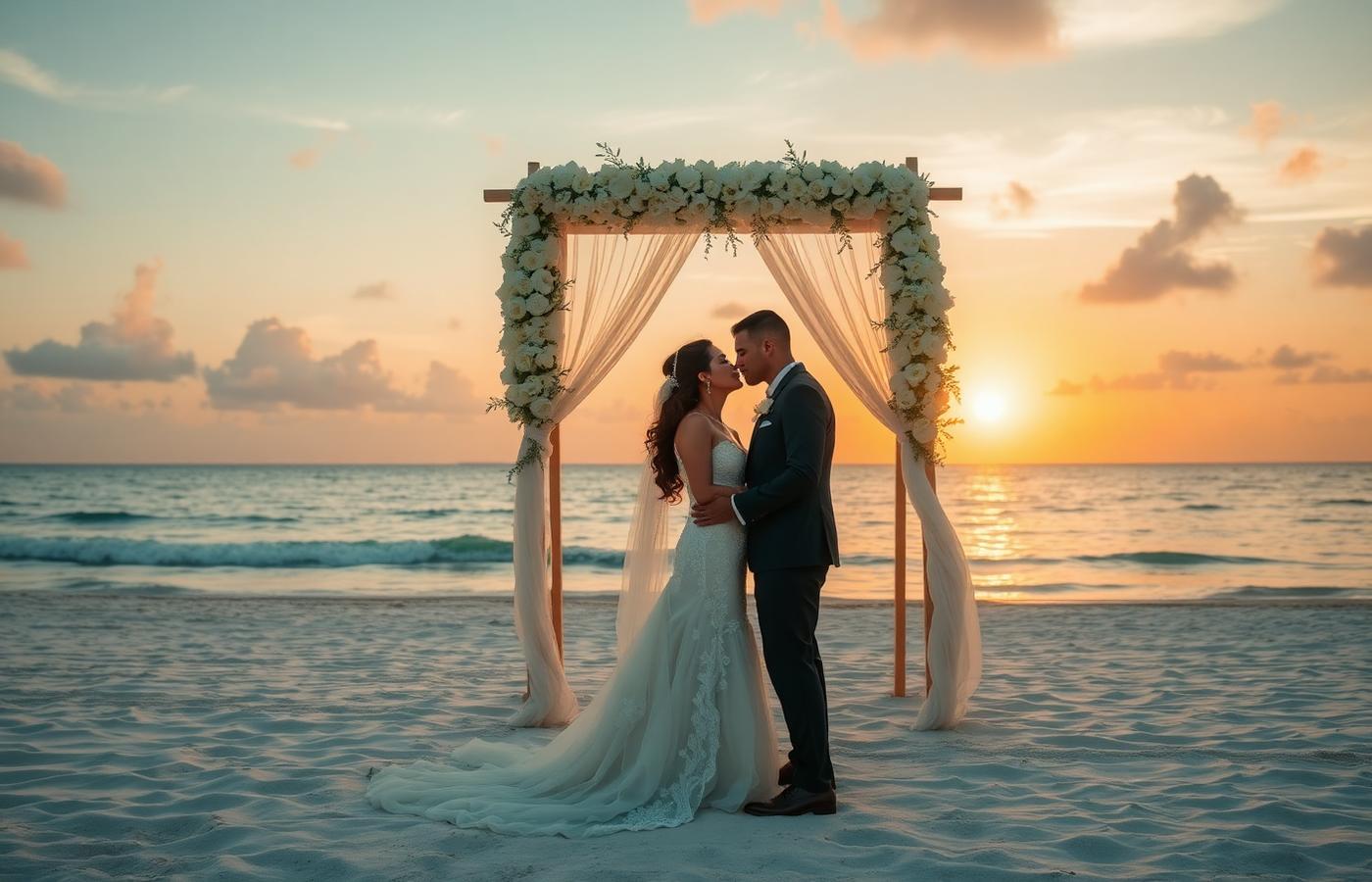A couple at a beach wedding ceremony beneath a floral arch at sunset.